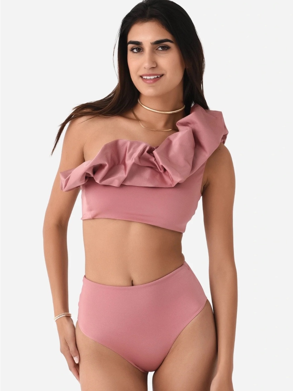 One-Shoulder Ruffle High-Waist Bikini Set - Shiva pink